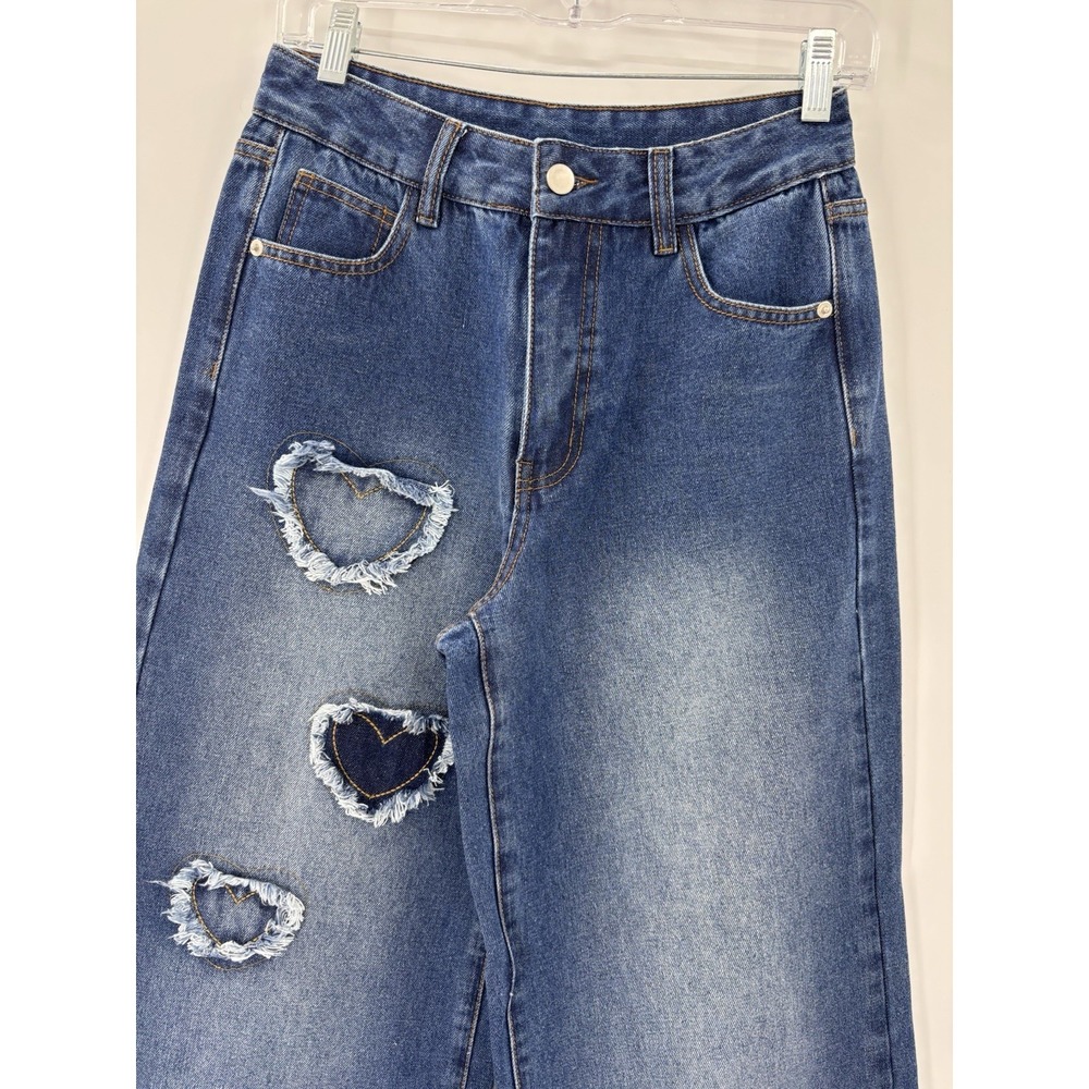 Womens Wide Leg Heart patchwork Denim Jeans Medium Wash Y2K Coquette Size Small - Picture 5 of 13